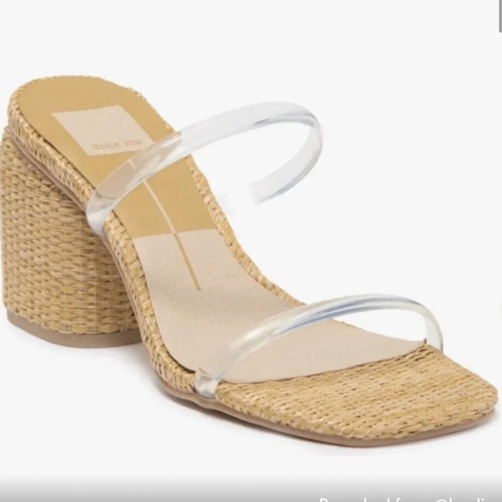 Dolce Vita Natie rattan straw block heel clear strap sandal tan size 7 - Picture 1 of 6